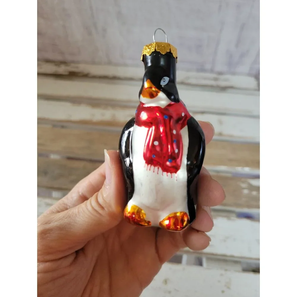 Glass penguin scarf ornament vintage Xmas tree holiday‎ home decor